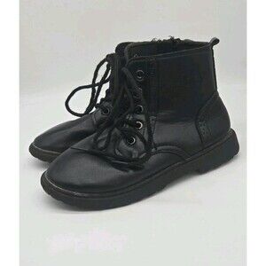 Kids Girls Black Combat Boots Biker Lace Up Zip Ankle School Shoes Sz 32 (1 US)